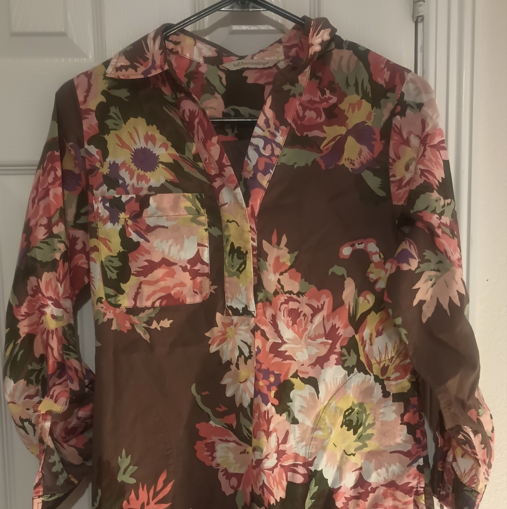 Soft Surroundings Brown and Pink Floral Button Down Tunic